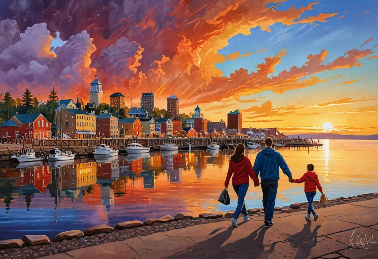 A friendly couple exploring Duluth's scenic waterfront, hand in hand, with a warm sunset in the background. Incorporate elements of protection and security, like a subtle insurance shield symbol woven into the sky. Emphasize community connection with local landmarks and diverse families enjoying life around them. Create an inviting and hopeful atmosphere. vibrant colors. painting.
