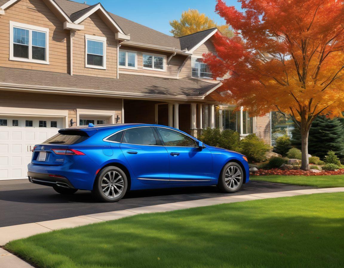 A cozy suburban home with a well-kept lawn in Duluth, Minnesota, juxtaposed with a sleek, modern car parked in the driveway. The scene reflects a sense of security and warmth, symbolizing comprehensive insurance coverage. A bright blue sky overhead and subtle autumn foliage add vibrancy, while a protective shield icon subtly hovers around the home and car, emphasizing safety and assurance. super-realistic. vibrant colors. 3D.